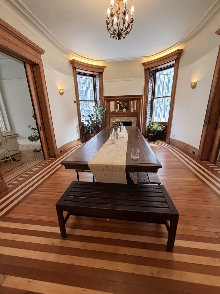 Communal dining room with long table